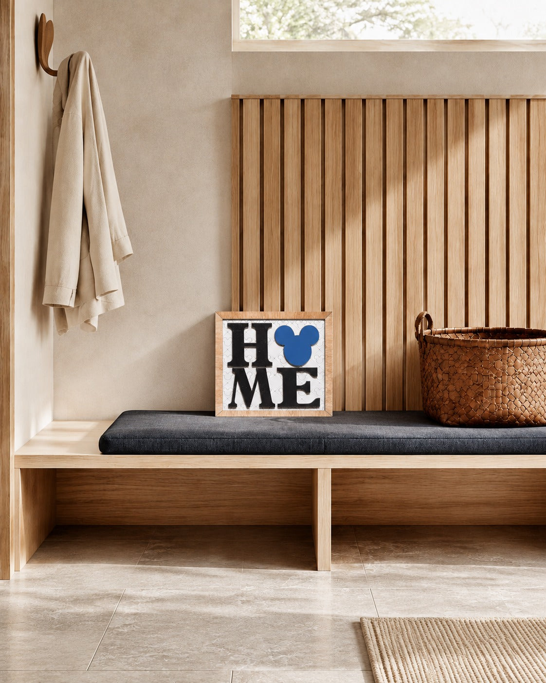 HOME square framed wood sign with blue mouse head icon styled on a pale oak mudroom bench