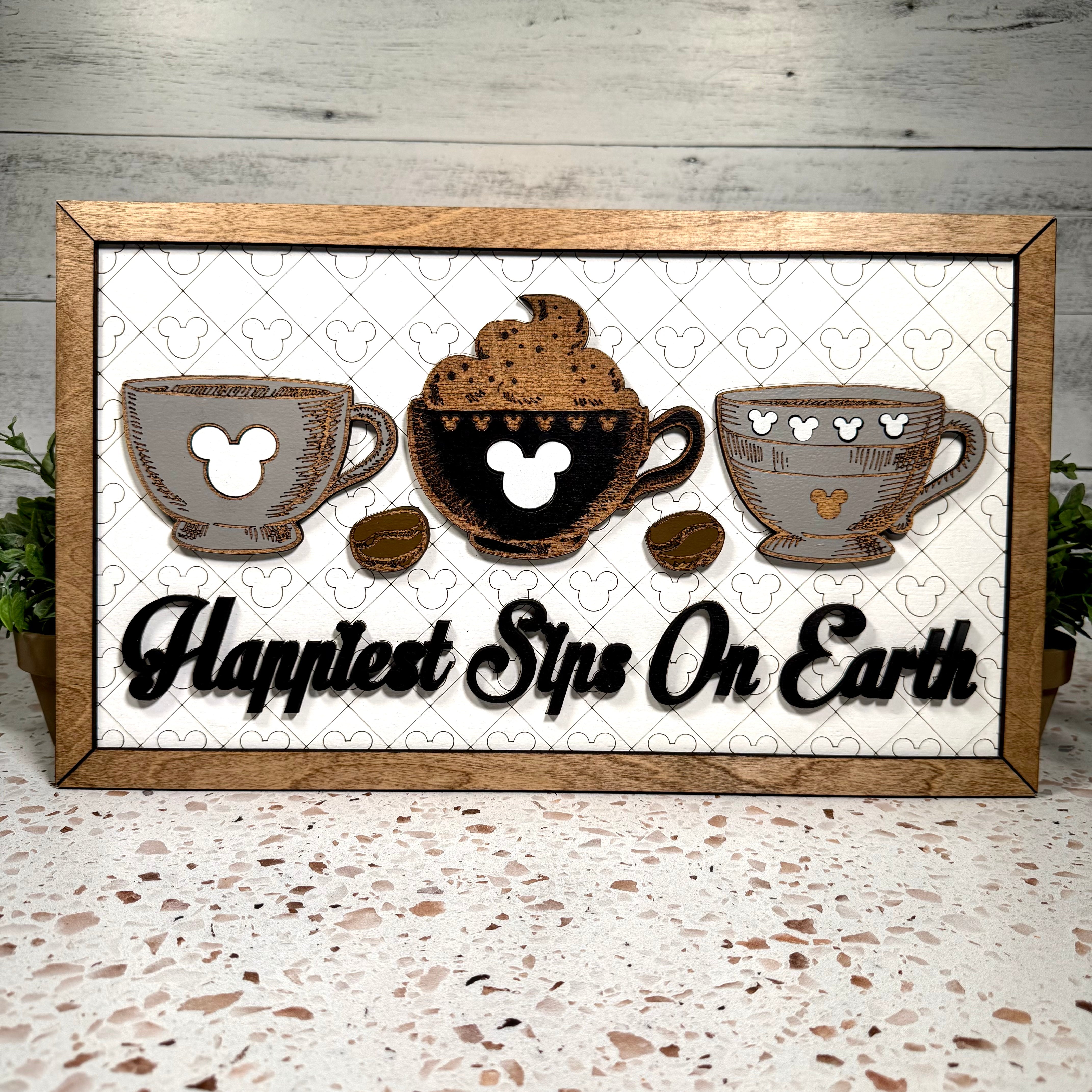 Happiest Sips On Earth | Coffee Cups Park-Inspired Framed Sign - Handmade by JRW Design Co.