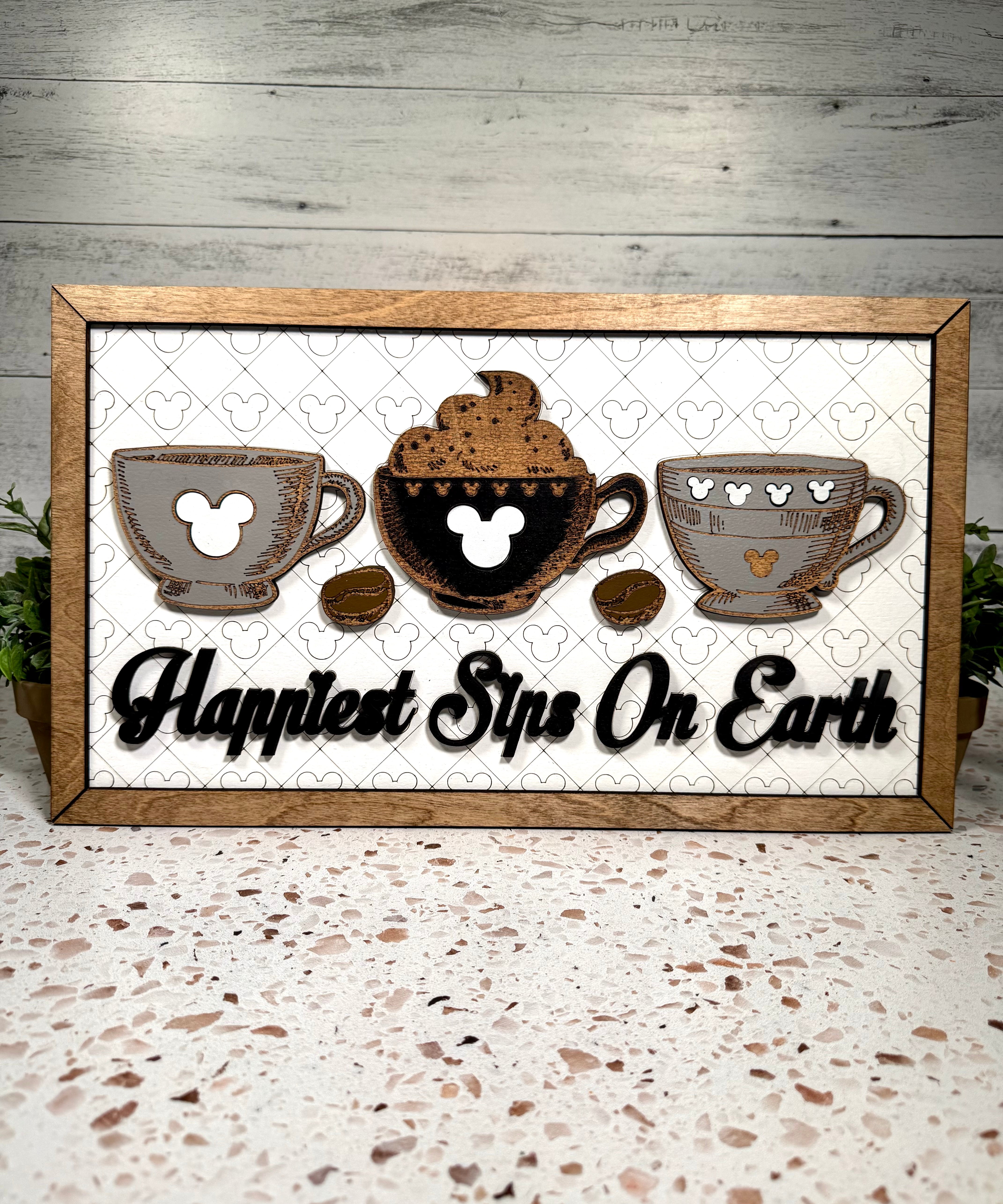 Happiest Sips On Earth | Coffee Cups Park-Inspired Framed Sign - Handmade by JRW Design Co.