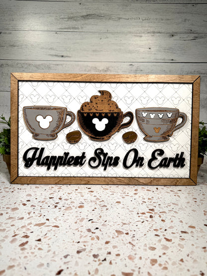 Happiest Sips Park-Inspired Framed Sign | Wooden Wall Art & Handmade Home Decor | 10.9in x 18.5in