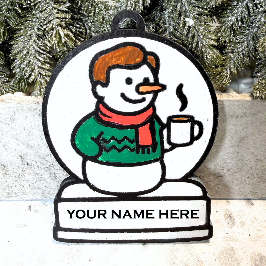 Cozy Coffee Lover Boy Snowman Ornament—Customizable