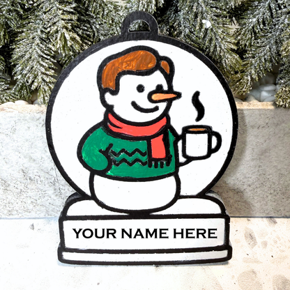 Cozy Coffee Lover Boy Snowman Ornament—Customizable