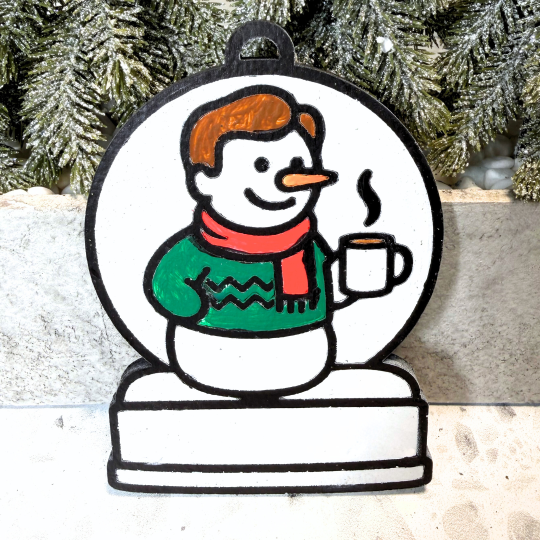 Cozy Coffee Lover Boy Snowman Ornament—Customizable