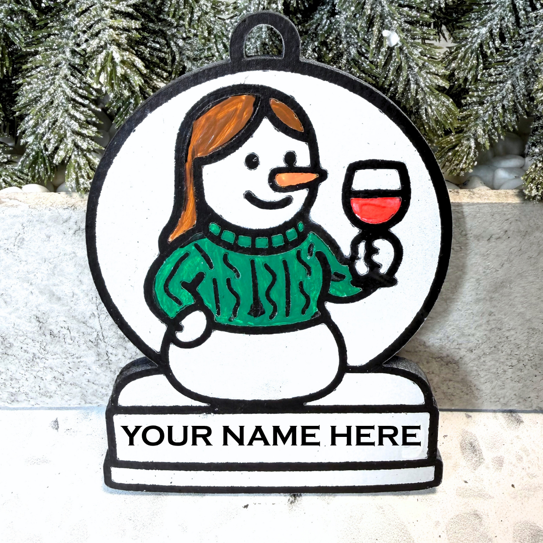 Cozy Girl’s Night in Wine Connoisseur Snowman Ornament—Customizable