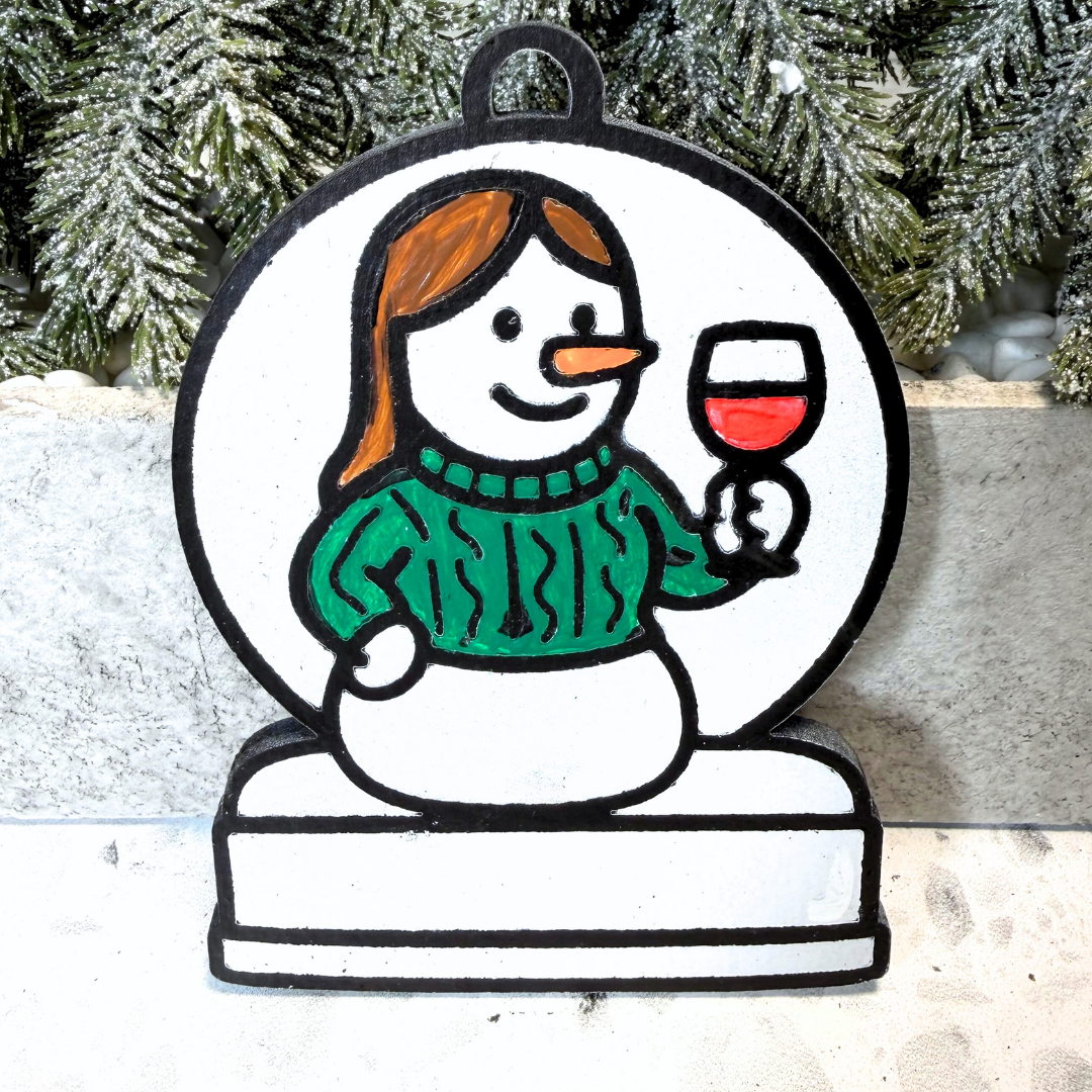 Cozy Girl’s Night in Wine Connoisseur Snowman Ornament—Customizable