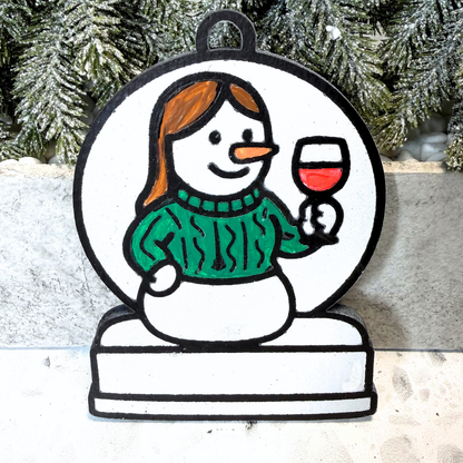 Cozy Girl’s Night in Wine Connoisseur Snowman Ornament—Customizable