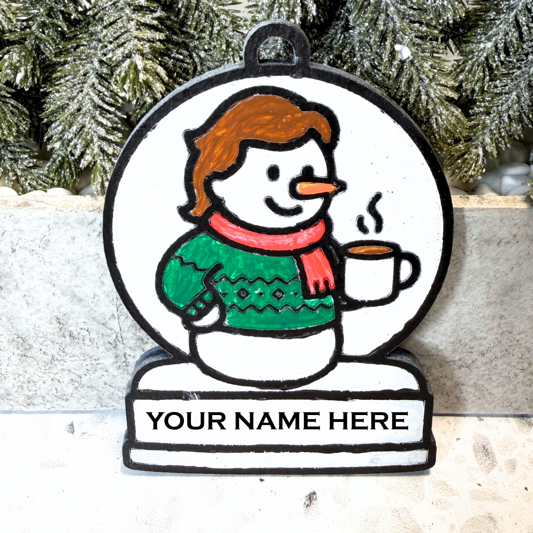 Cozy Coffee Lover Girl Snowman Ornament—Customizable