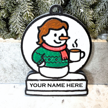 Cozy Coffee Lover Girl Snowman Ornament—Customizable