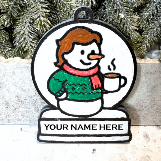 Cozy Coffee Lover Girl Snowman Ornament—Customizable