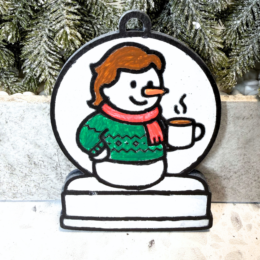 Cozy Coffee Lover Girl Snowman Ornament—Customizable