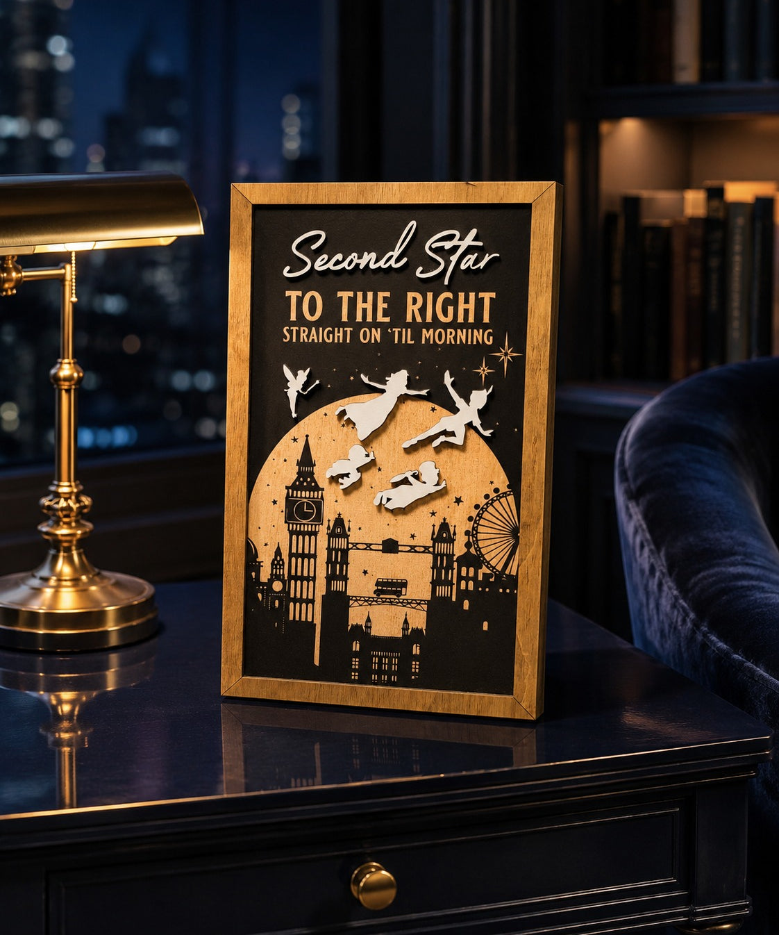 Second Star To The Right London skyline framed wood sign styled in a midnight reading nook
