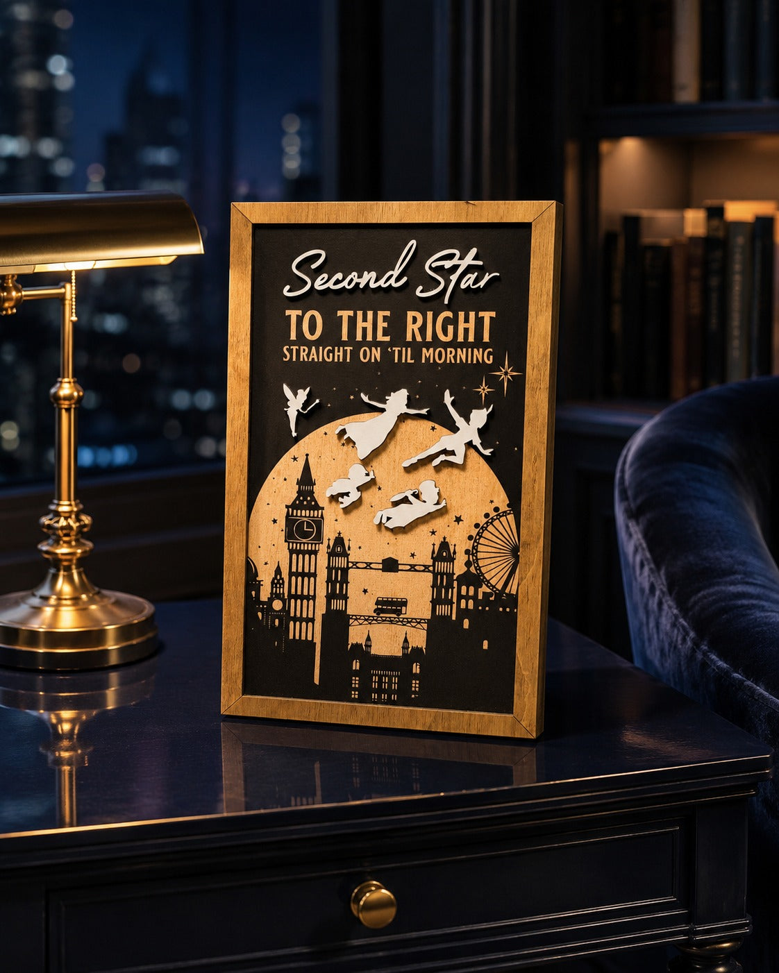 Second Star To The Right London skyline framed wood sign styled in a midnight reading nook