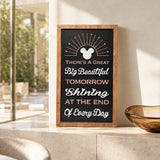 There's A Great Big Beautiful Tomorrow vertical framed wood sign styled on a travertine sideboard