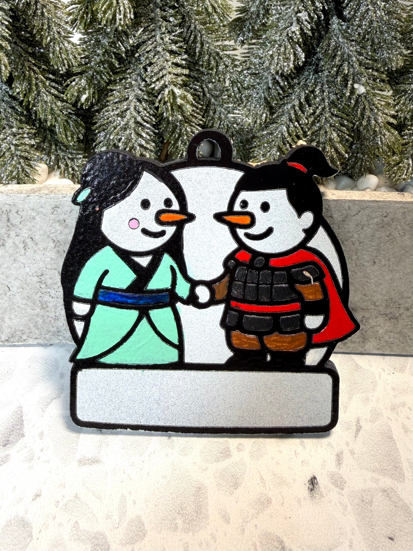 Warrior Couple Snowman Ornament—Personalize