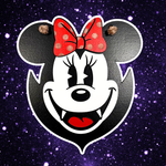 Vampire mouse head Halloween sign with polka dot bow and fangs on starfield background