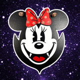 Vampire mouse head Halloween sign with polka dot bow and fangs on starfield background