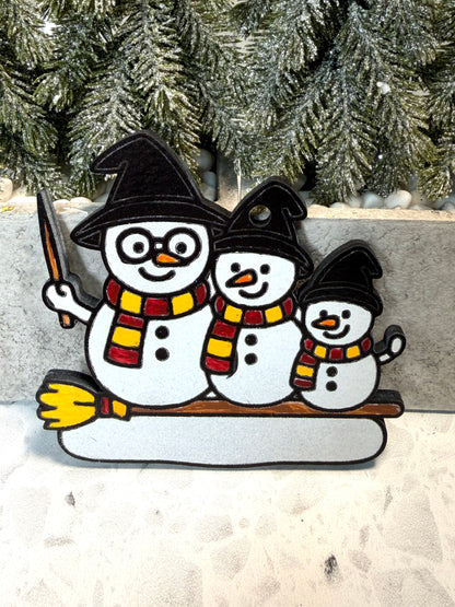 Wizard House Colors Family of Three Snowman Ornament—Peronalize