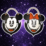 Pair of vampire mouse head Halloween signs on starfield background