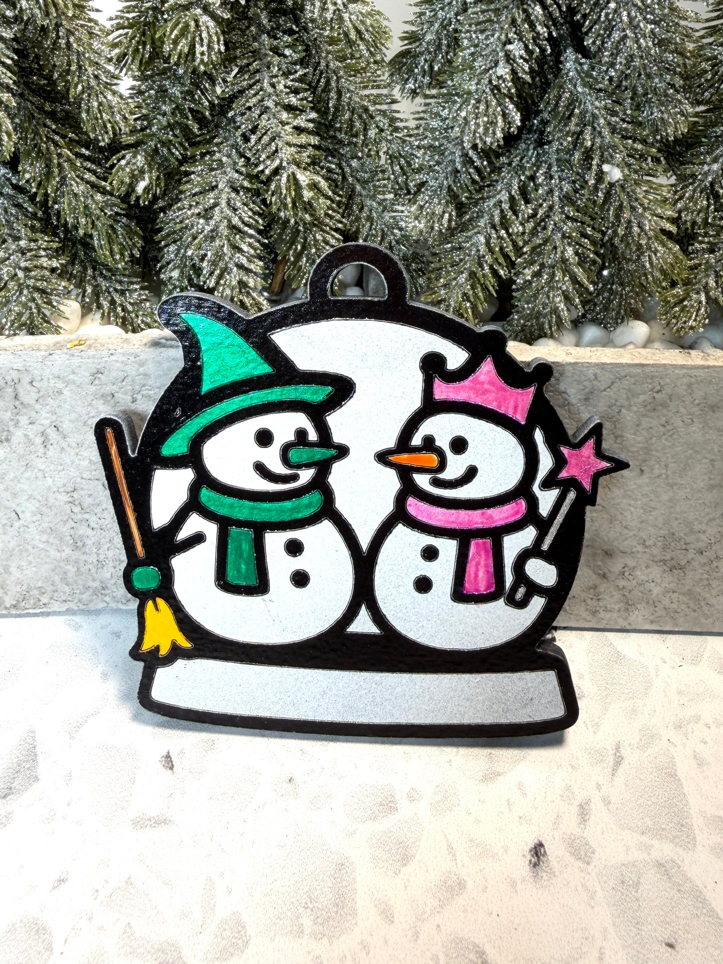 Unlikely Witch Duo Snowman Ornament—Personalize