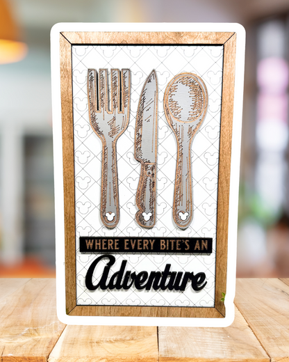 Every Bite Fork Knife Park-Inspired Framed Sign | Wooden Wall Art & Handmade Home Decor | 10.9in x 18.5in