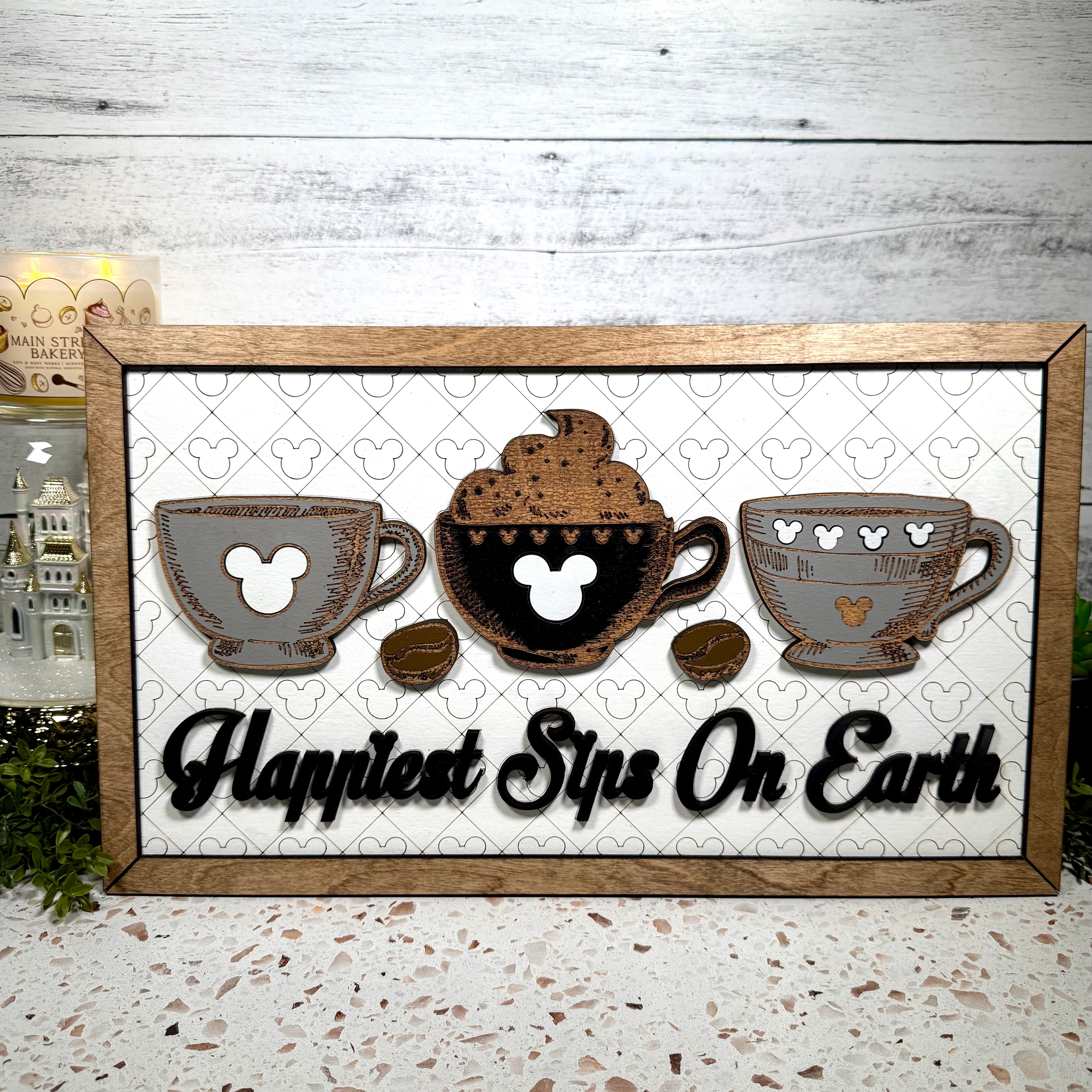 Happiest Sips On Earth | Coffee Cups Park-Inspired Framed Sign - Handmade by JRW Design Co.
