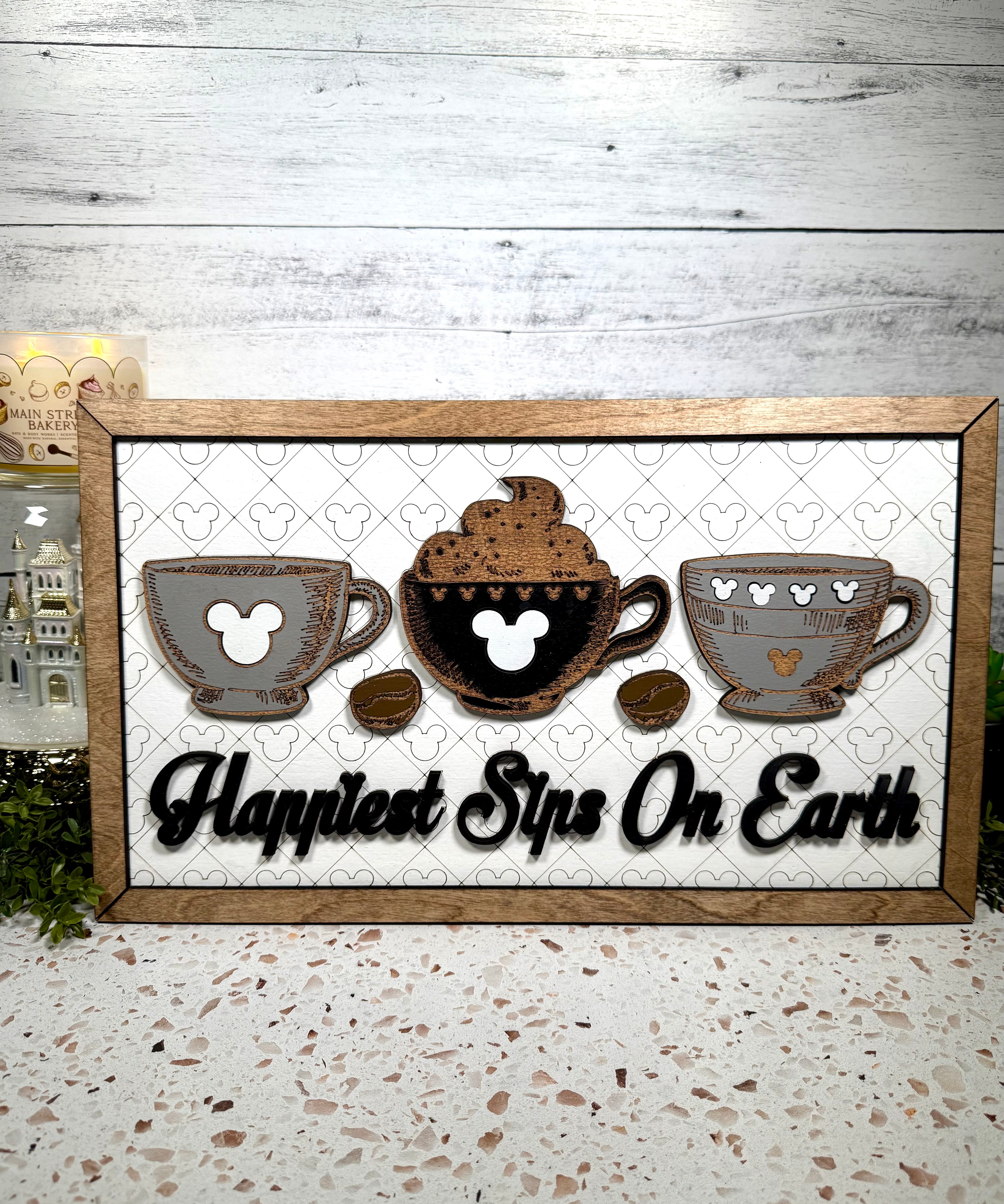 Happiest Sips On Earth | Coffee Cups Park-Inspired Framed Sign - Handmade by JRW Design Co.