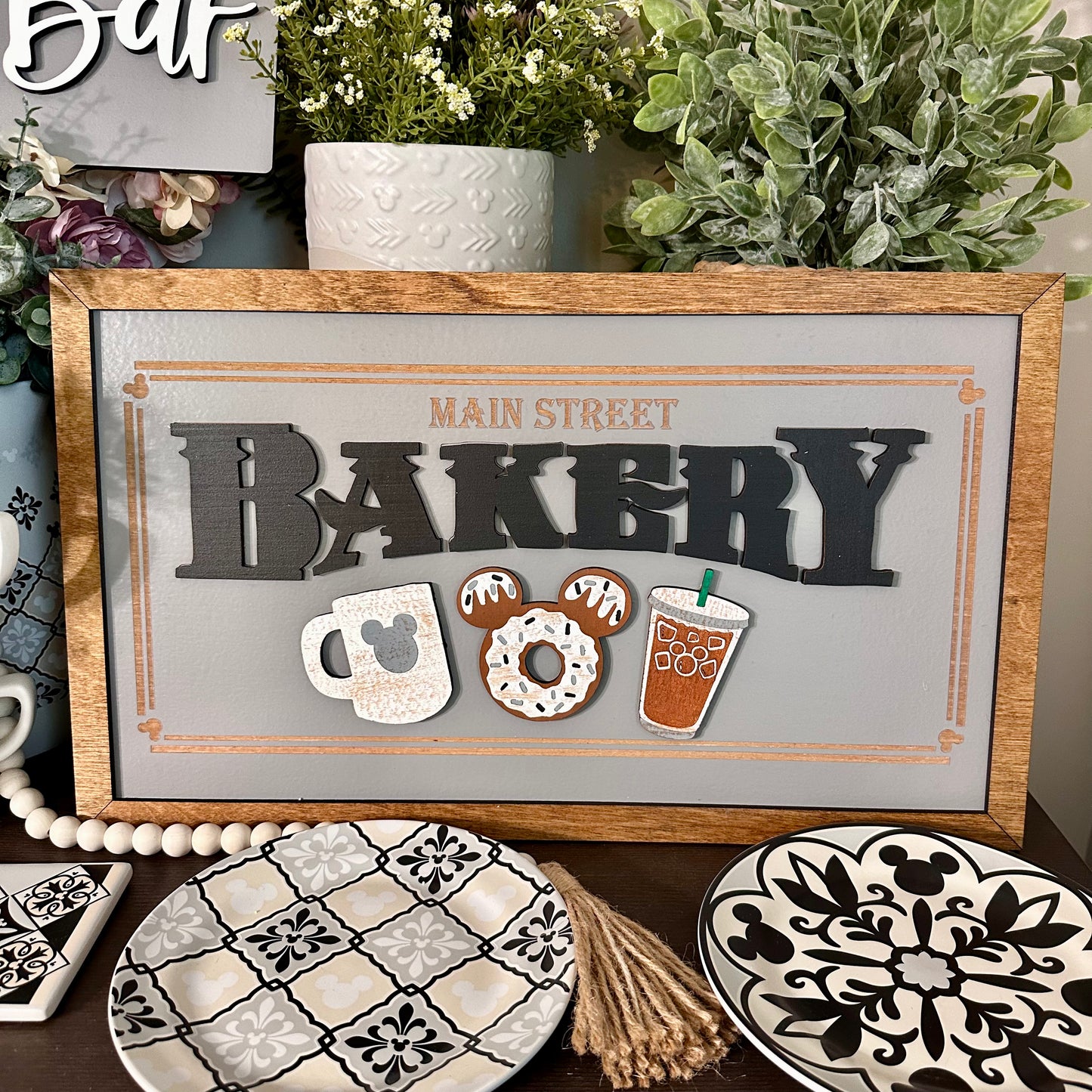 Main Street Bakery | Gray | Hot & Iced Coffee |Park-Inspired Framed Sign | Wooden Wall Art & Handmade Home Decor | 10.9in x 18.5in