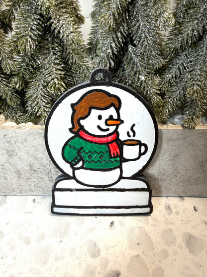 Cozy Coffee Lover Girl Snowman Ornament—Customizable