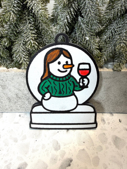 Cozy Girl’s Night in Wine Connoisseur Snowman Ornament—Customizable