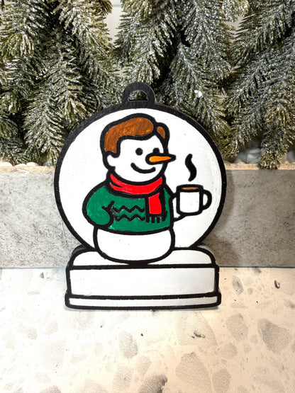 Cozy Coffee Lover Boy Snowman Ornament—Customizable