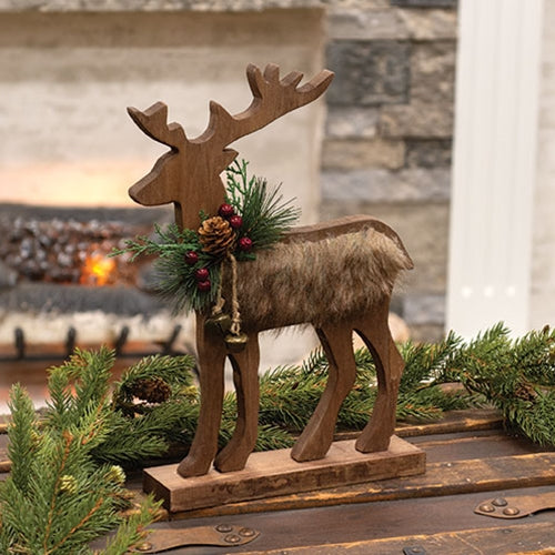 Magical Wooden Reindeer on Stand w/ Fur 13.5"
