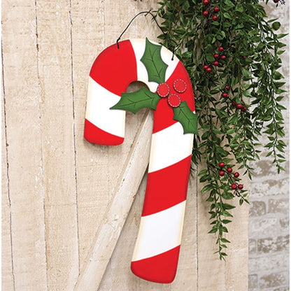 Wooden Candy Cane & Holly Hanger - 18.5"H