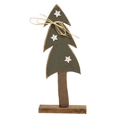 Rustic Wood Christmas Tree w/White Stars on Base - 17"H