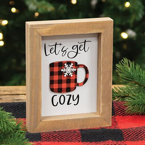 Let's Get Cozy Red & Black Plaid Cup Framed Sign