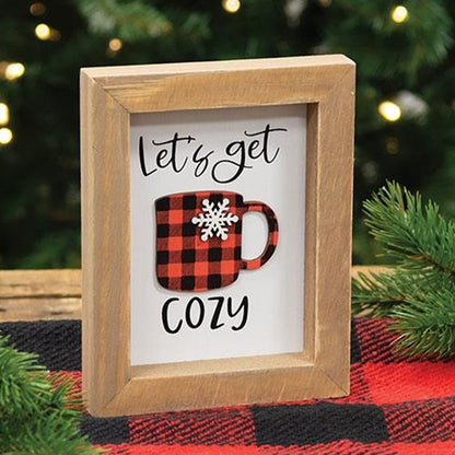 Let's Get Cozy Red & Black Plaid Cup Framed Sign