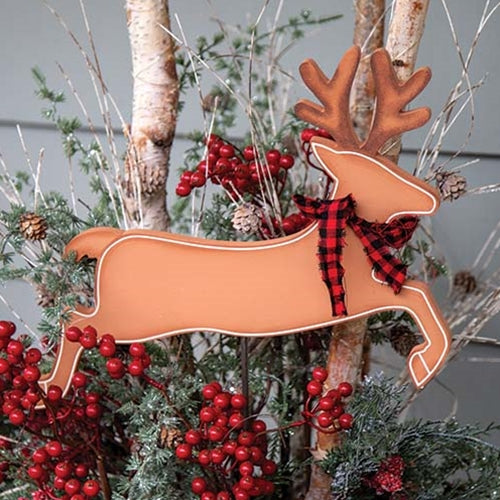 Magical Reindeer w/Buffalo Check Scarf Planter Stake Topper