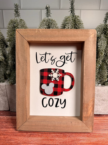 Magical Let's Get Cozy Red & Black Plaid Cup Framed Sign