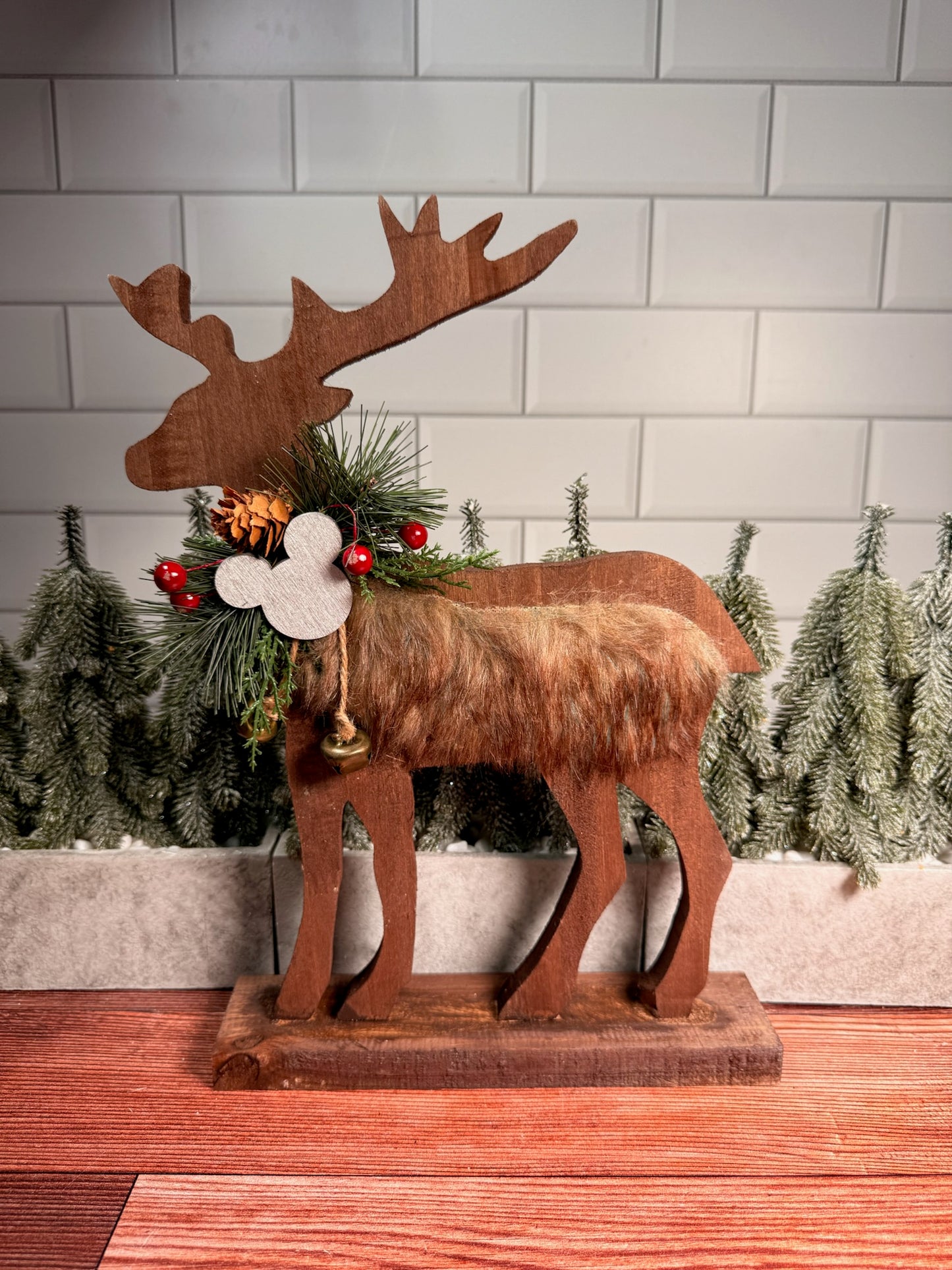 Magical Wooden Reindeer on Stand w/ Fur 13.5"