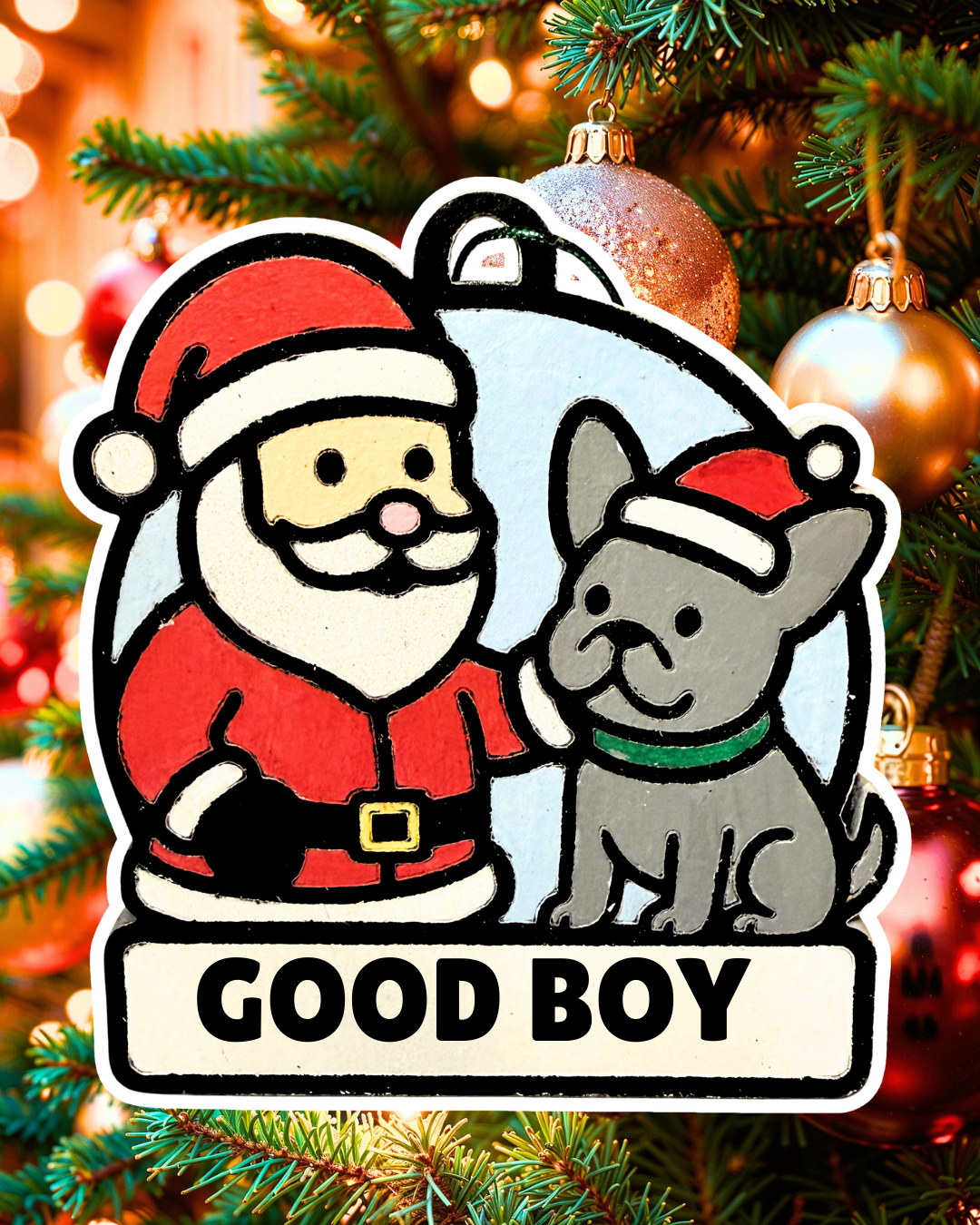 Santa and His Good Boy Bulldog Snowman Ornament—Personalize