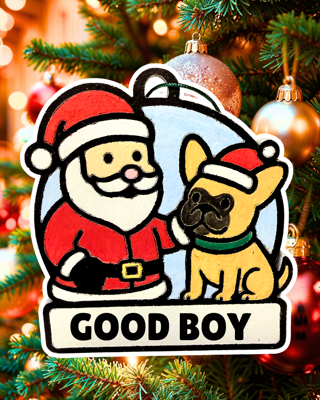 Santa and His Good Boy Bulldog Snowman Ornament—Personalize