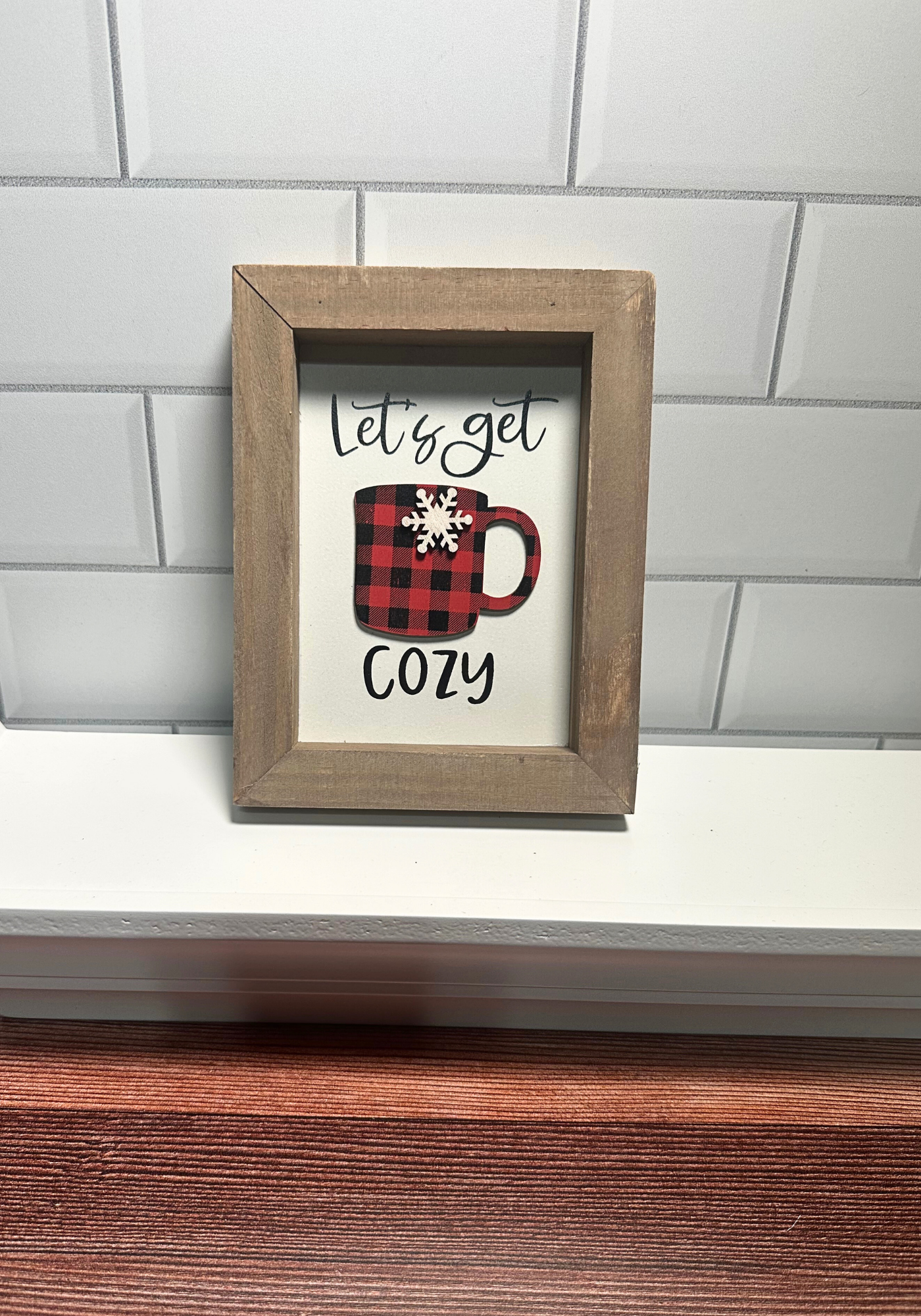 Let's Get Cozy Red & Black Plaid Cup Framed Sign