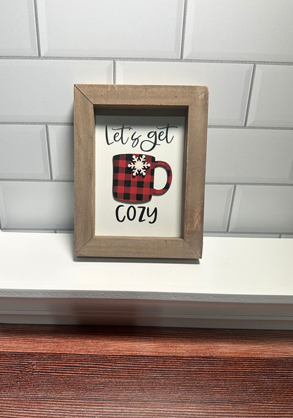 Let's Get Cozy Red & Black Plaid Cup Framed Sign