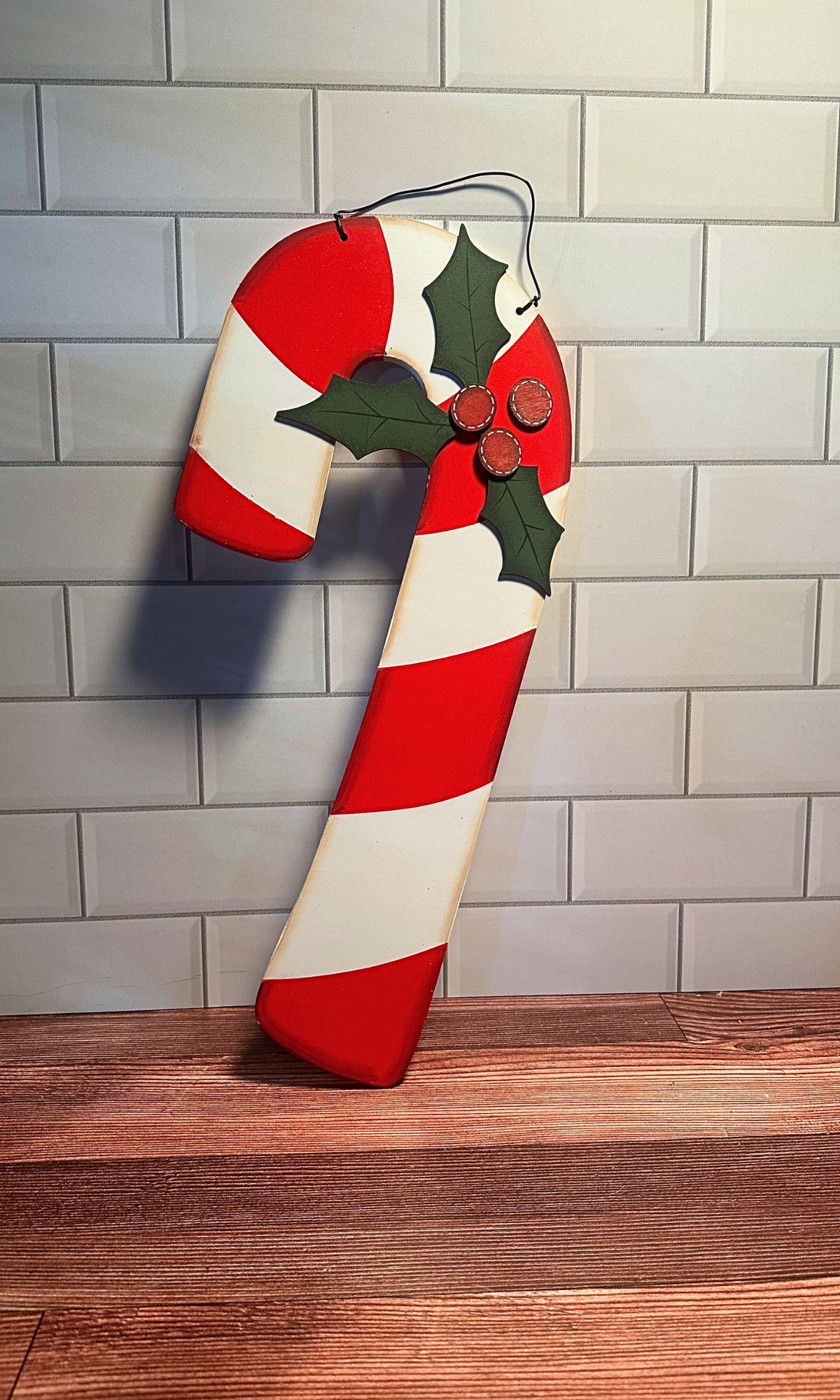 Wooden Candy Cane & Holly Hanger - 18.5"H