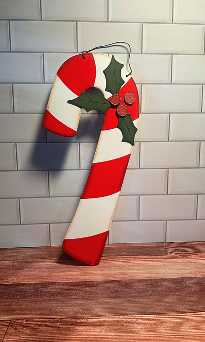 Wooden Candy Cane & Holly Hanger - 18.5"H