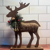Wooden Reindeer on Stand w/ Fur 13.5"