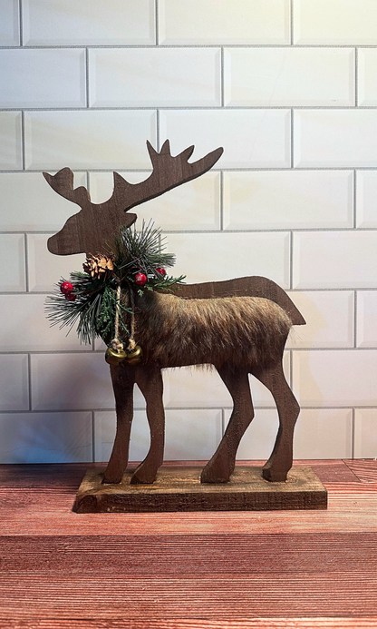 Magical Wooden Reindeer on Stand w/ Fur 13.5"