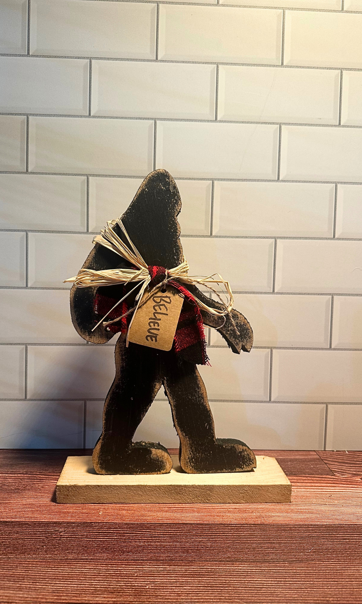 Rustic Wood Believe Bigfoot w/Scarf On Base - 12.75"H