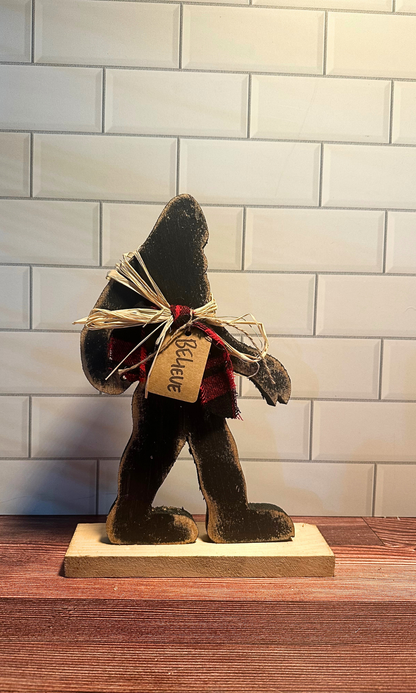Rustic Wood Believe Bigfoot w/Scarf On Base - 12.75"H