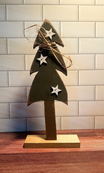 Rustic Wood Christmas Tree w/White Stars on Base - 17"H