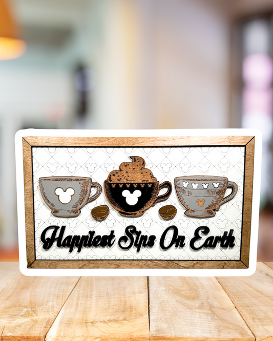 Happiest Sips Park-Inspired Framed Sign | Wooden Wall Art & Handmade Home Decor | 10.9in x 18.5in